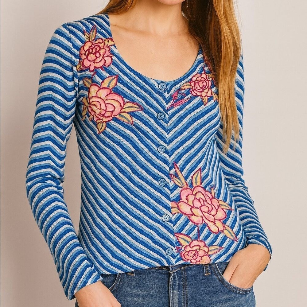 Anthropologie Sparrow Teal Stripe Floral Lighweight Knit Cardigan Size Small